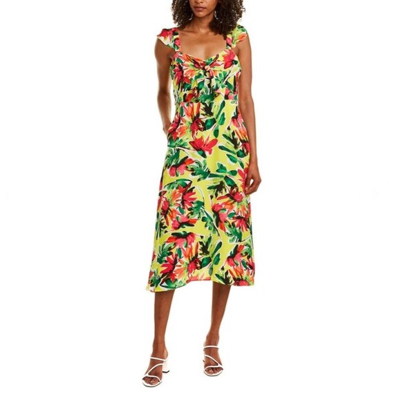 Julia Jordan Dress 12 Ruffle Bright Floral Midi Dress Yellow Green Pink - Picture 1 of 6